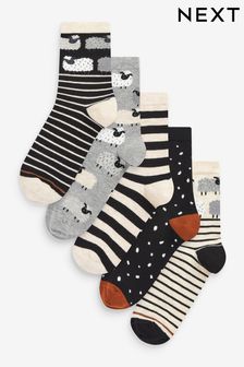 Black/Cream Sheep Ankle Socks 5 Pack