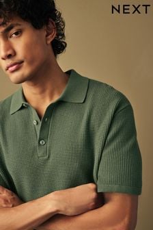 Green Knitted Waffle Textured Regular Fit Polo Shirt