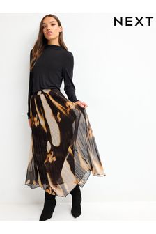 Black Marble Print Pleated Chiffon Midi Skirt