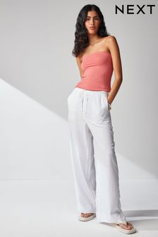 White Tie Waist Wide Leg Trousers with Linen