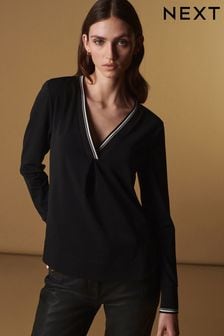 Black Premium Long Sleeve Contrast V-Neck Top