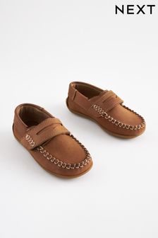 Tan Brown Leather Penny Loafers with Touch and Close Fastening