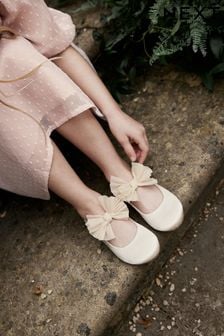 Ivory Cream Bow Stain Resistant Satin Bridesmaid Ballet Shoes