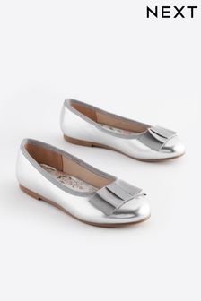 Silver Metallic Bow Occasion Ballerinas Shoes