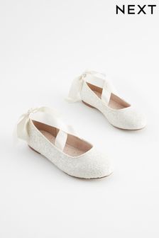 White Glitter Tie Ballerina Occasion Shoes