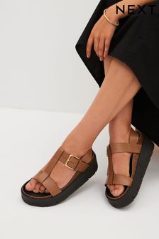 Tan Brown Forever Comfort® Leather T-Bar Flatform Sandals