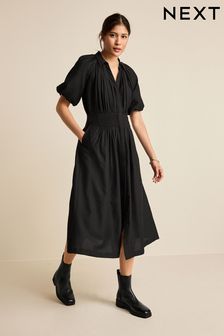 Black Puff Sleeve Midi Dress