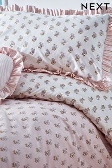 Pink Block Floral Printed Polycotton Duvet Cover and Pillowcase Bedding