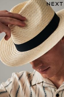 White Straw Panama with Navy Blue Band Hat