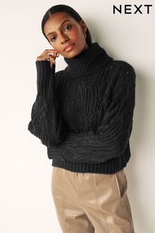 Black Crochet Open Stitch Roll Neck Jumper