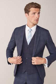 Navy Blue Skinny Fit Check Suit: Jacket