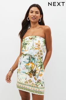 Yellow Tropical Print Jersey Bandeau Summer Mini Dress