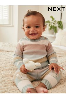 Tan/Blue Tiger Stripe Baby Knitted Jumper & Leggings 2 Piece Set (0mths-2yrs)