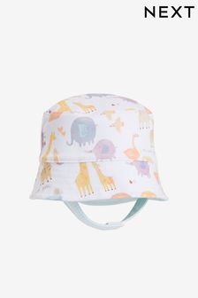 White Reversible Noahs Ark Print Baby Bucket Hat (0mths-2yrs)