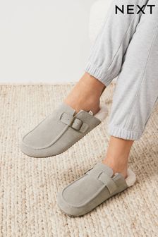 Grey Suede Clog Mule Slippers