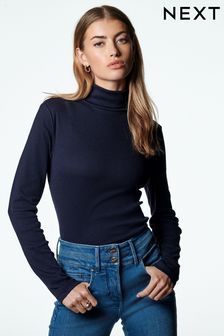 Navy Long Sleeve Ribbed Roll Neck Top