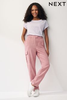 Pink Smart Linen Blend Cargo Taper Trousers