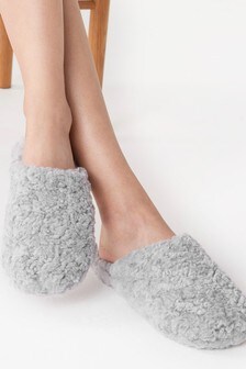 Pale Grey Recycled Faux Fur Mule Slippers