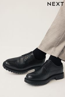 Black Leather Cleated Sole Brogue Shoes