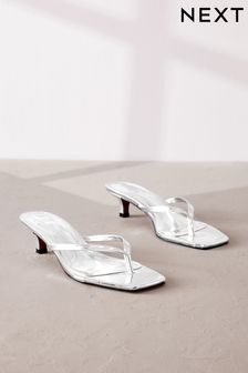 Silver Signature Leather Toe Post Heeled Mules