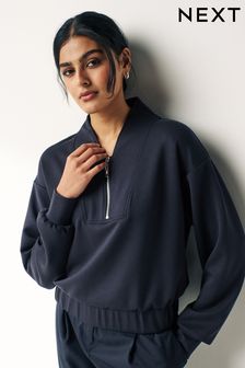 Navy Blue Slinky Notch Neck Long Sleeve Quarter Zip Sweatshirt