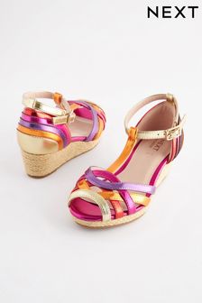 Bright Rainbow Woven Wedge Ankle Strap Sandals