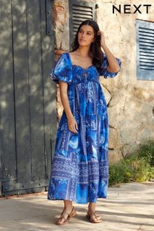 Blue Print Puff Sleeve Maxi Dress