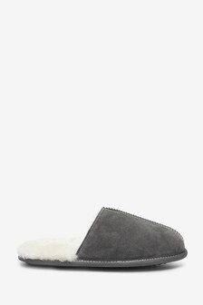Grey Signature Suede Sheepskin Lined Mule Slippers
