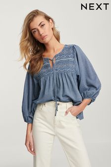 Mid Blue Lightweight Denim Embroidered Stripe Blouse