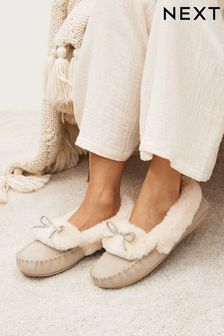 Stone Suede Moccasin Slippers