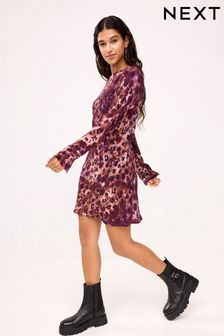 Purple Animal Print Long Sleeve Column Mini Dress