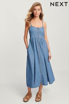 Mid Blue Button Through Midi Summer Dress