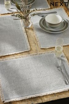 Grey Set of 4 Grey Woven Fringe Edge Fabric Placemats