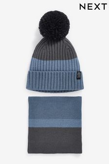 Mineral Blue Stripe Knitted Hat And Snood Set (1-16yrs)