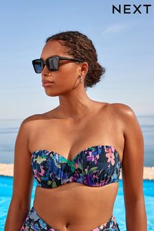 Navy Floral Ruched Shaping Wired Bandeau Bikini Top