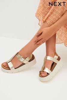 Gold Forever Comfort® Leather T-Bar Flatform Sandals