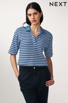 Blue Short Sleeve Crochet Polo Shirt