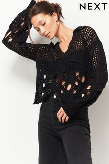 Black Polo Neck Long Sleeve Crochet Scalloped Detail Jumper