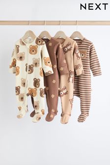 Tan Brown Bear Baby Zipped Sleepsuits 4 Pack (0mths-2yrs)