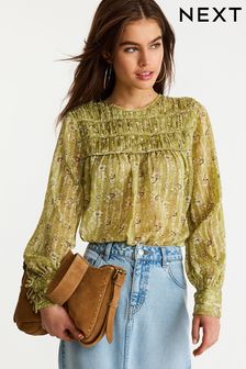 Green Floral Ditsy Sheer Pintuck Pleated Blouse