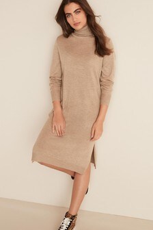 Camel Knitted Roll Neck Dress