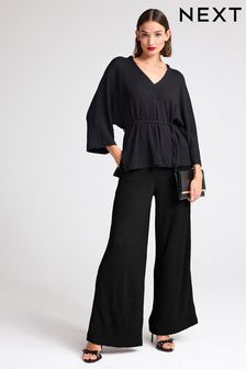 Black Textured Wide Leg Trousers