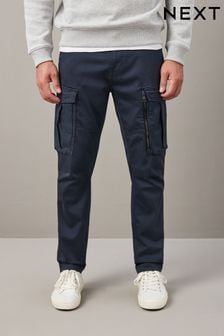 Navy Blue Zip Detail Stretch Cargo Trousers