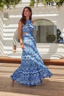 Blue/White Premium Broderie Cut-Out Detail Dress