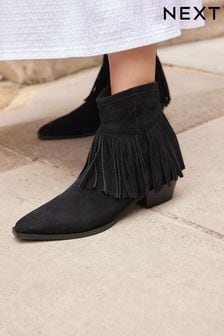 Black Forever Comfort® Fringe Ankle Western/ Cowboy Boots