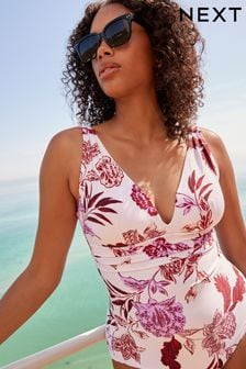 Ecru Cream Floral Print Plunge Tummy Shaping Control Swimsuit