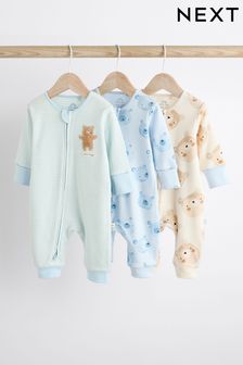 Blue Bear Footless Zip 3 Pack Baby Sleepsuits (0-3yrs)