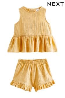 Yellow Textured Sleeveless Peplum Top and Shorts Set (3mths-7yrs)