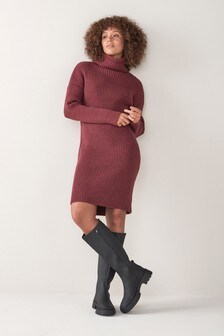 Berry Red Chunky Roll Neck Knit Midi Dress