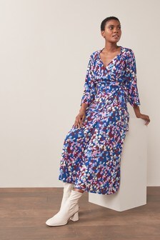 Blue And Lilac Splodge Print Wrap Midi Dress